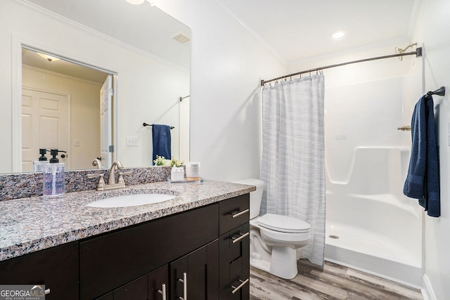 2674 Skylane Dr, Marietta, GA 30062 - bathroom with vanity, wood finished floors, ornamental molding, and a shower with shower curtain