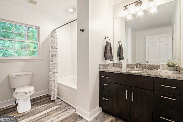 2674 Skylane Dr, Marietta, GA 30062 - full bathroom with crown molding, vanity, wood finished floors, and shower / tub combo