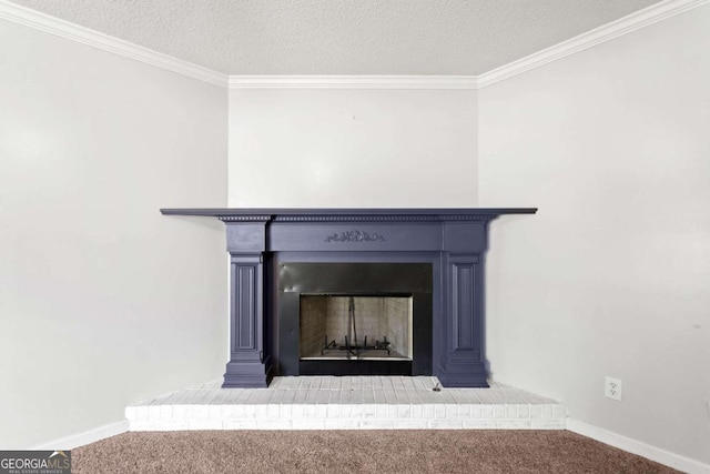 308 Golden Ct, Canton, GA 30114 - detailed view of carpet floors, a fireplace, ornamental molding, baseboards, and a textured ceiling