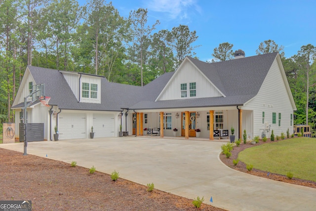 140 S Alexander Creek Rd, Newnan, GA 30263 - modern farmhouse with a porch, concrete driveway, a garage, a shingled roof, and board and batten siding