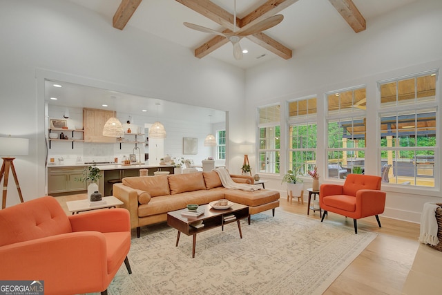 140 S Alexander Creek Rd, Newnan, GA 30263 - living room with ceiling fan, plenty of natural light, beamed ceiling, recessed lighting, and light wood-style flooring