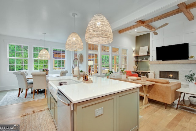 140 S Alexander Creek Rd, Newnan, GA 30263 - kitchen featuring open floor plan, dishwasher, a sink, light wood finished floors, and ceiling fan
