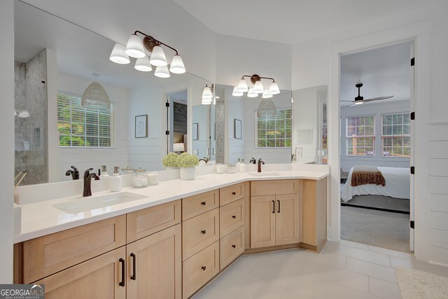 140 S Alexander Creek Rd, Newnan, GA 30263 - ensuite bathroom with double vanity, healthy amount of natural light, a chandelier, and a tile shower