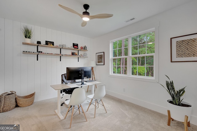140 S Alexander Creek Rd, Newnan, GA 30263 - home office featuring light carpet, ceiling fan, and baseboards