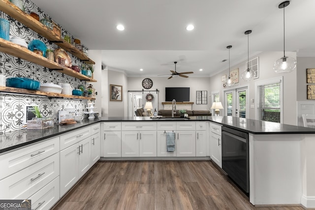 25 Wicklow Ct, Hoschton, GA 30548 - kitchen featuring dishwashing machine, ornamental molding, dark countertops, a sink, and ceiling fan
