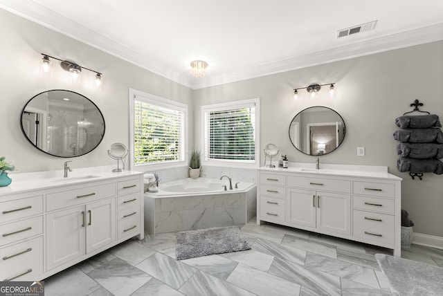 25 Wicklow Ct, Hoschton, GA 30548 - bathroom with two vanities, a bath, ornamental molding, and marble finish floors