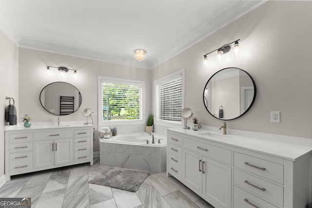 25 Wicklow Ct, Hoschton, GA 30548 - bathroom featuring two vanities, ornamental molding, a bath, and marble finish flooring