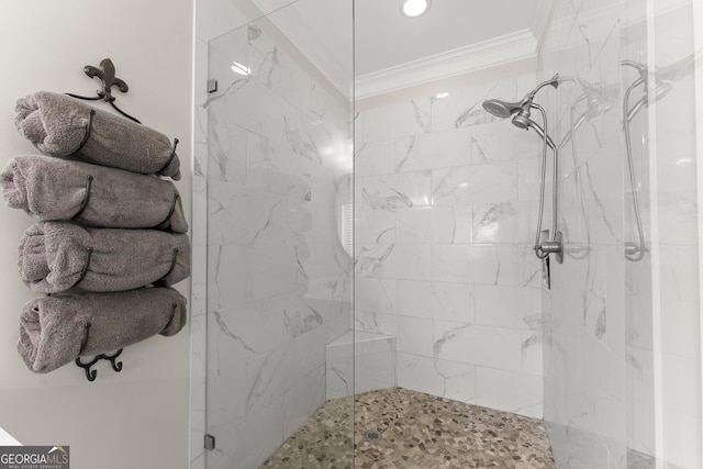 25 Wicklow Ct, Hoschton, GA 30548 - full bathroom featuring ornamental molding and a marble finish shower
