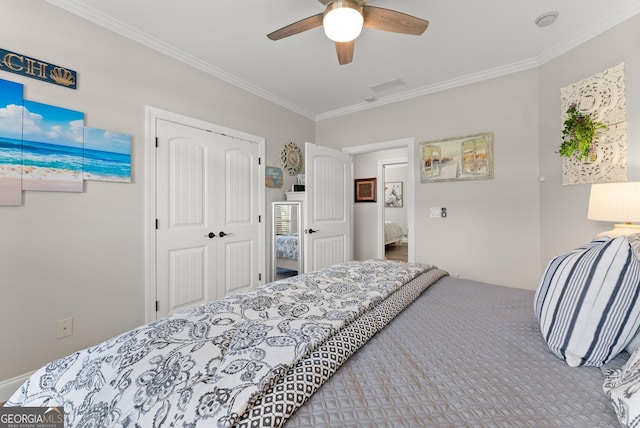 25 Wicklow Ct, Hoschton, GA 30548 - bedroom featuring ornamental molding, a closet, ceiling fan, and carpet