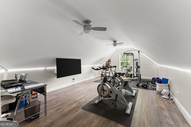 25 Wicklow Ct, Hoschton, GA 30548 - workout room with vaulted ceiling, ceiling fan, wood finished floors, and baseboards