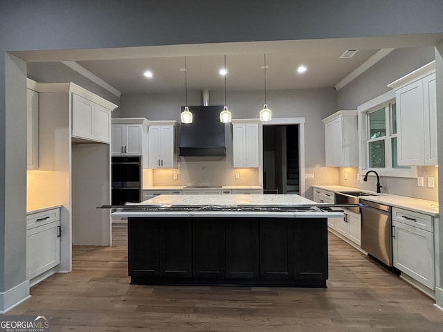 5680 Mack Way, Gainesville, GA 30506 - kitchen with dishwasher, range hood, multiple ovens, a kitchen island, and white cabinets