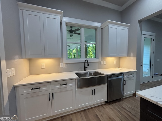 5680 Mack Way, Gainesville, GA 30506 - kitchen featuring stainless steel dishwasher, light wood-style floors, and white cabinets