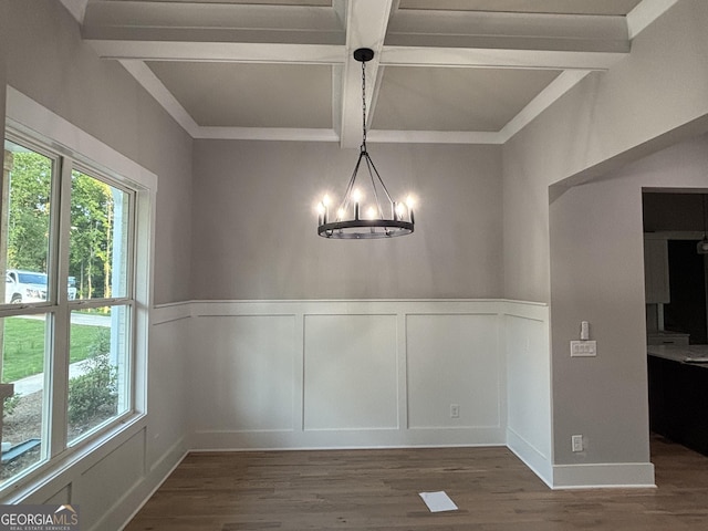 5680 Mack Way, Gainesville, GA 30506 - unfurnished dining area with plenty of natural light, beamed ceiling, wood finished floors, coffered ceiling, and a decorative wall