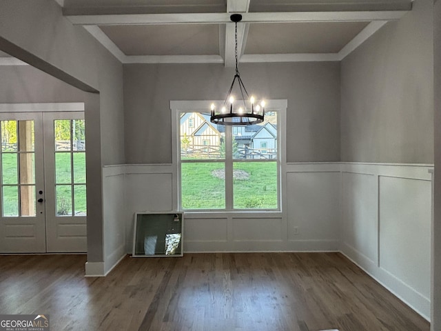 5680 Mack Way, Gainesville, GA 30506 - unfurnished dining area with a decorative wall, a chandelier, french doors, beam ceiling, and wood finished floors