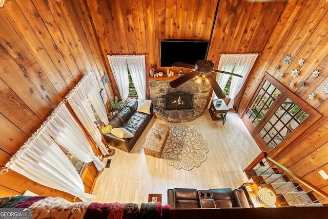 367 Woodbrier, Sautee Nacoochee, GA 30571 - living area featuring wood finished floors, wooden walls, and a ceiling fan