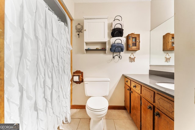 367 Woodbrier, Sautee Nacoochee, GA 30571 - bathroom featuring vanity, toilet, tile patterned flooring, a shower with shower curtain, and baseboards
