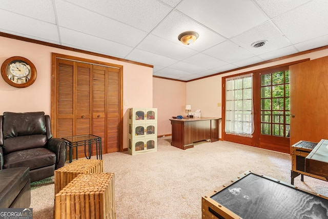 367 Woodbrier, Sautee Nacoochee, GA 30571 - carpeted living area with crown molding and a drop ceiling
