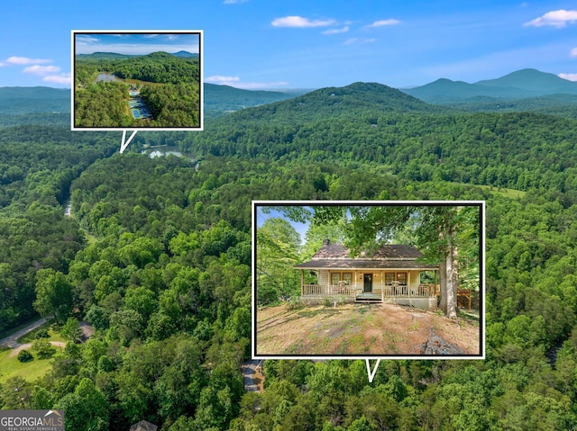 367 Woodbrier, Sautee Nacoochee, GA 30571 - view from above of property with a heavily wooded area, property parcel outlined, and a mountain backdrop