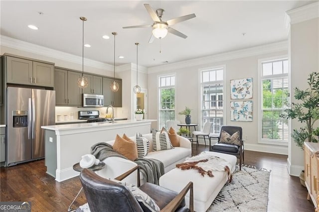 306 Masons Row, Marietta, GA 30060 - living room with ceiling fan, crown molding, dark wood finished floors, baseboards, and recessed lighting