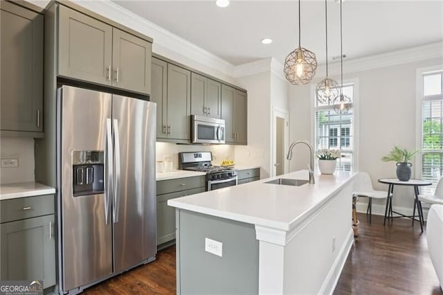 306 Masons Row, Marietta, GA 30060 - kitchen with appliances with stainless steel finishes, a sink, gray cabinetry, dark wood-type flooring, and crown molding