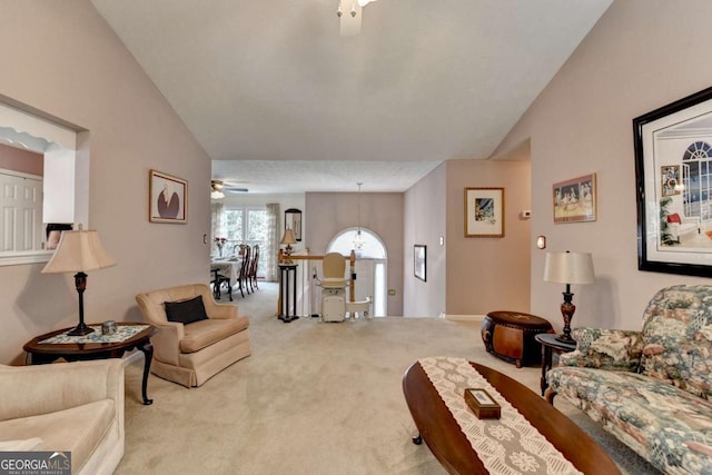 1818 Mcconnell Rd, Grayson, GA 30017 - living room featuring carpet, lofted ceiling, a chandelier, and ceiling fan