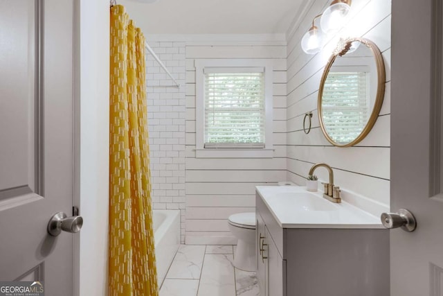 980 Oglethorpe Ave, Athens, GA 30606 - bathroom featuring marble look tiles, vanity, shower / bath combo, and wood walls