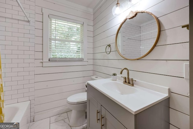 980 Oglethorpe Ave, Athens, GA 30606 - full bathroom featuring marble finish flooring, wood walls, vanity, toilet, and shower / washtub combination