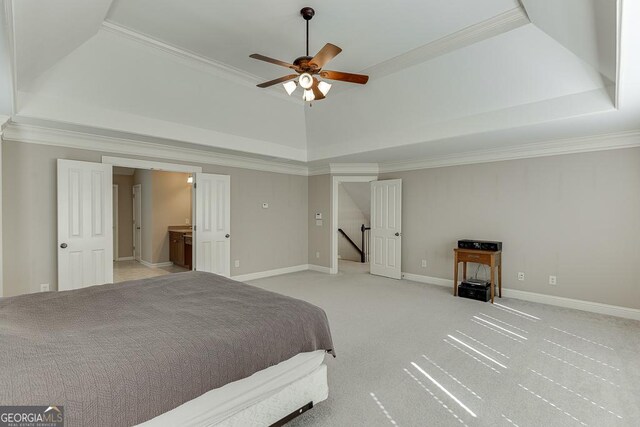 7202 Regatta Way, Flowery Branch, GA 30542 - bedroom with a raised ceiling, ornamental molding, light colored carpet, and ceiling fan