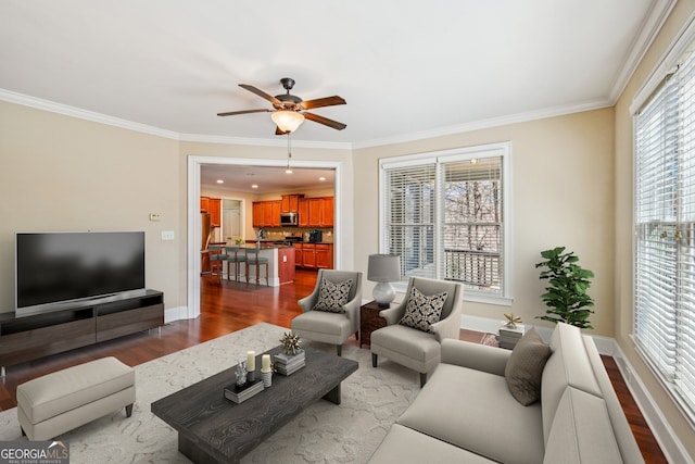 189 Privet Cir, Suwanee, GA 30024 - living room featuring ornamental molding, dark wood finished floors, ceiling fan, and baseboards