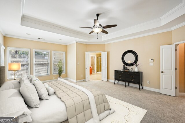 189 Privet Cir, Suwanee, GA 30024 - bedroom featuring a raised ceiling, ornamental molding, light colored carpet, and a ceiling fan