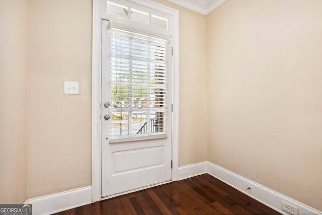 189 Privet Cir, Suwanee, GA 30024 - doorway to outside with dark wood-type flooring and crown molding