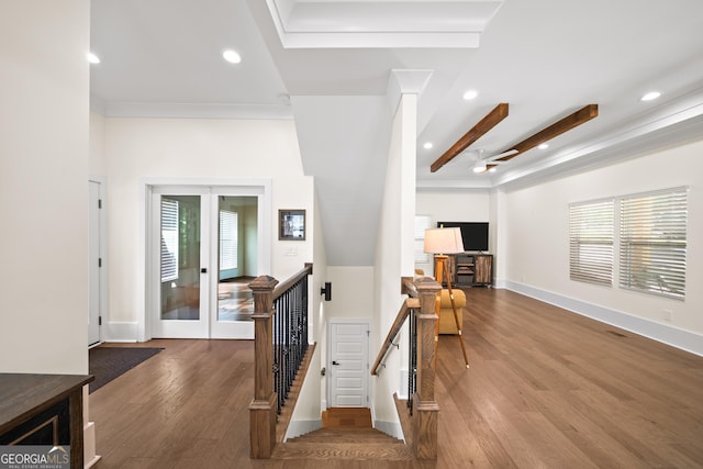 308 Reed St, Scottdale, GA 30079 - staircase featuring french doors, plenty of natural light, wood finished floors, recessed lighting, and ornamental molding