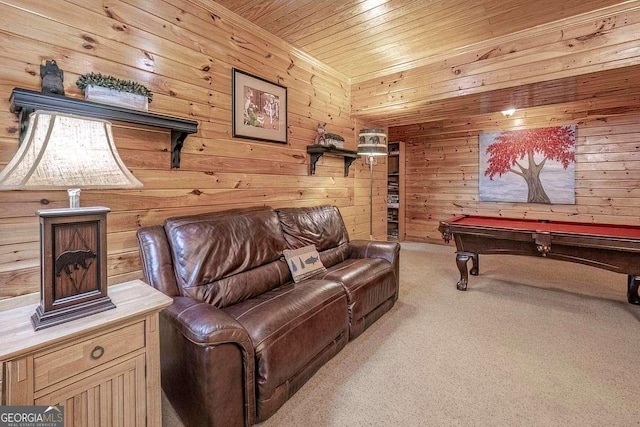 573 Hiawatha Trl, Blue Ridge, GA 30513 - playroom with carpet flooring, wood ceiling, wood walls, and billiards table