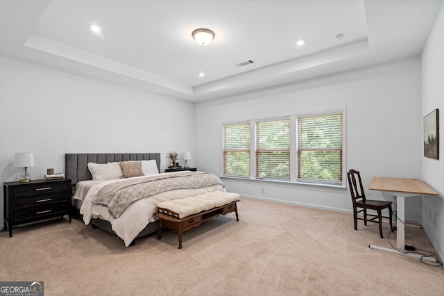 6045 Stargazer Way, Cumming, GA 30028 - bedroom with a tray ceiling, light colored carpet, recessed lighting, and baseboards