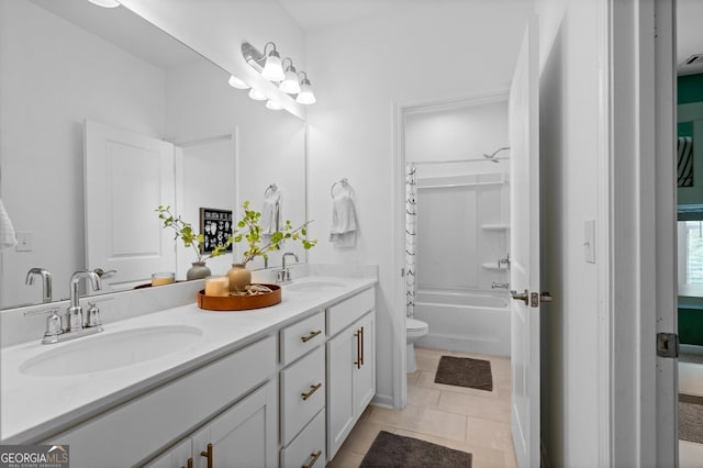 6045 Stargazer Way, Cumming, GA 30028 - bathroom with double vanity, toilet, tile patterned floors, and shower / bath combo with shower curtain