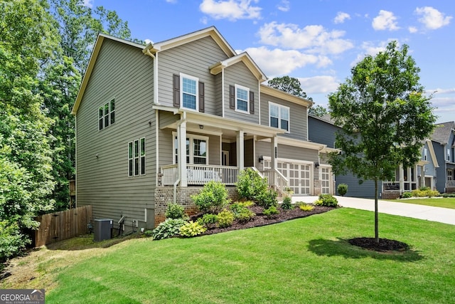6045 Stargazer Way, Cumming, GA 30028 - view of front of house with a porch, concrete driveway, central AC unit, and a garage