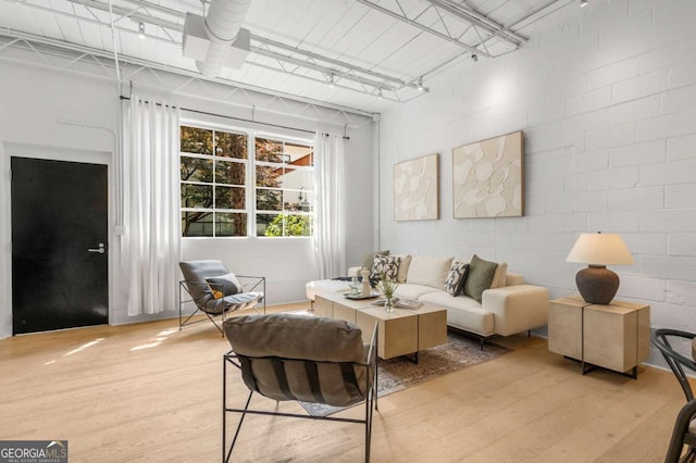 820 Dekalb Ave NE Unit 2, Atlanta, GA 30307 - living room with light wood-style floors and concrete block wall