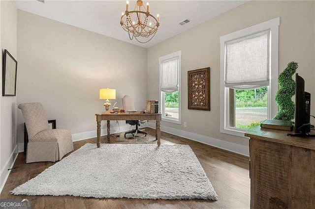 131 Forsyth Park Ln, Woodstock, GA 30188 - office area with baseboards, a chandelier, and wood finished floors