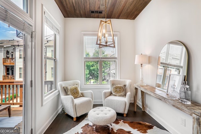 4202 Deming Cir, Sandy Springs, GA 30342 - living area featuring dark wood finished floors, wood ceiling, and a chandelier