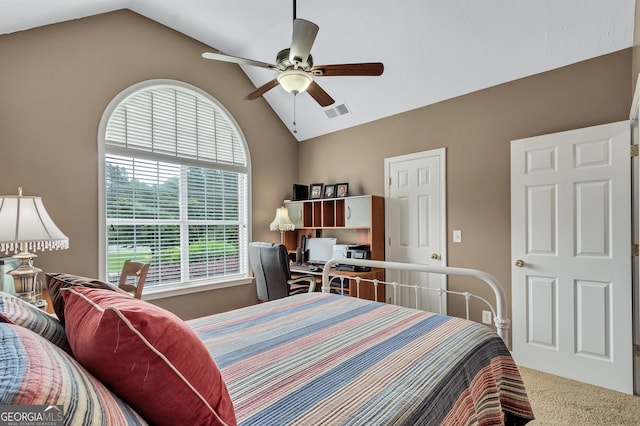 70 Merion Way, Newnan, GA 30265 - carpeted bedroom featuring high vaulted ceiling and a ceiling fan