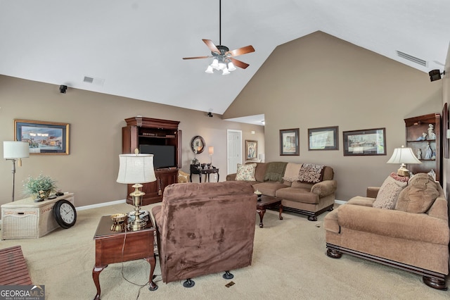 70 Merion Way, Newnan, GA 30265 - living area featuring light carpet, a ceiling fan, high vaulted ceiling, and baseboards