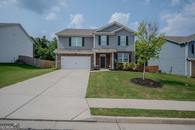 6827 Chataran Dr, Lithia Springs, GA 30122 - craftsman-style house with concrete driveway, brick siding, a garage, and central AC unit