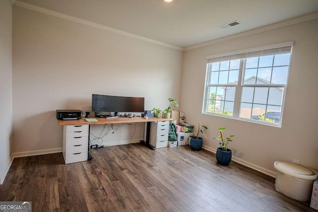 6827 Chataran Dr, Lithia Springs, GA 30122 - office area featuring baseboards, dark wood finished floors, and ornamental molding