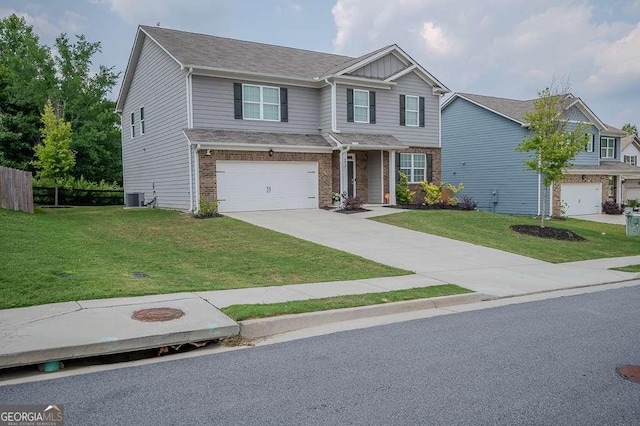 6827 Chataran Dr, Lithia Springs, GA 30122 - view of front of property with central AC unit, brick siding, concrete driveway, an attached garage, and board and batten siding