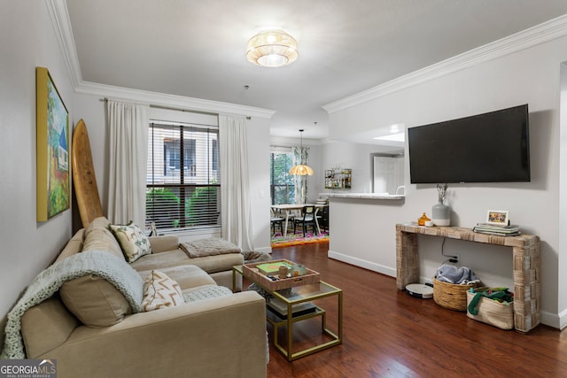 3777 Peachtree Rd NE Unit 1112, Brookhaven, GA 30319 - living area featuring ornamental molding, dark wood-style floors, and baseboards