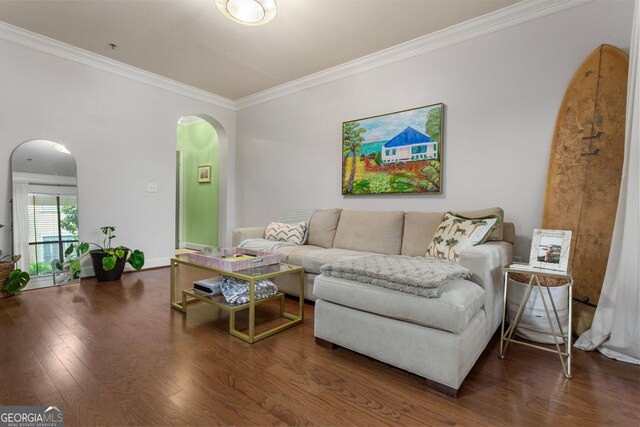 3777 Peachtree Rd NE Unit 1112, Brookhaven, GA 30319 - living room with arched walkways, crown molding, wood finished floors, and baseboards