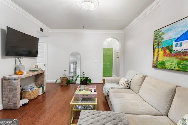 3777 Peachtree Rd NE Unit 1112, Brookhaven, GA 30319 - living area featuring arched walkways, ornamental molding, wood finished floors, and baseboards