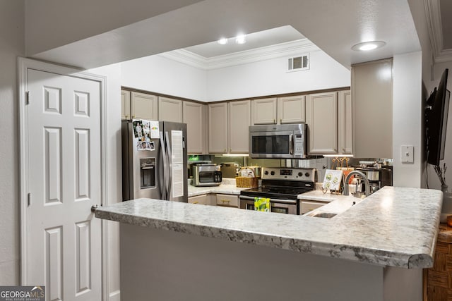 3777 Peachtree Rd NE Unit 1112, Brookhaven, GA 30319 - kitchen with stainless steel appliances, ornamental molding, a sink, a peninsula, and light stone countertops