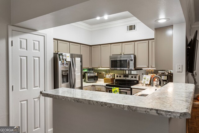 3777 Peachtree Rd NE Unit 1112, Brookhaven, GA 30319 - kitchen with stainless steel appliances, ornamental molding, a sink, a peninsula, and light stone countertops