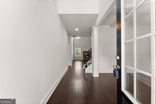 2855 Pilgrim Mill Rd, Cumming, GA 30041 - hall with dark wood-style flooring, stairs, recessed lighting, and wainscoting